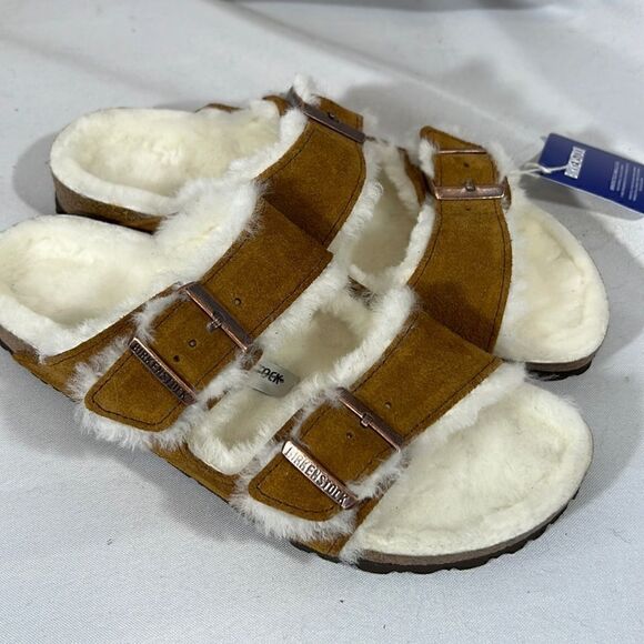 BIRKENSTOCK ARIZONA SHEARLING SANDALS NWT BROWN WHITE FUR - Picture 1 of 10